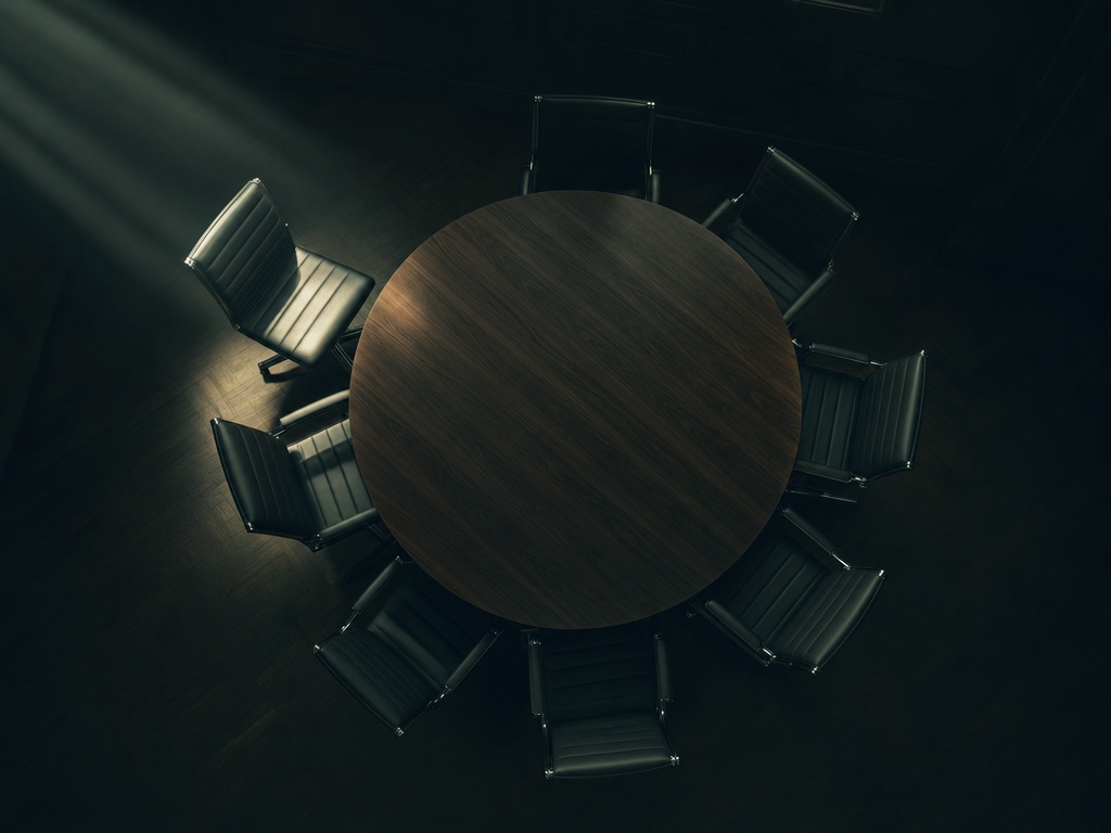 A round boardroom table with eight chairs, one pulled back and empty